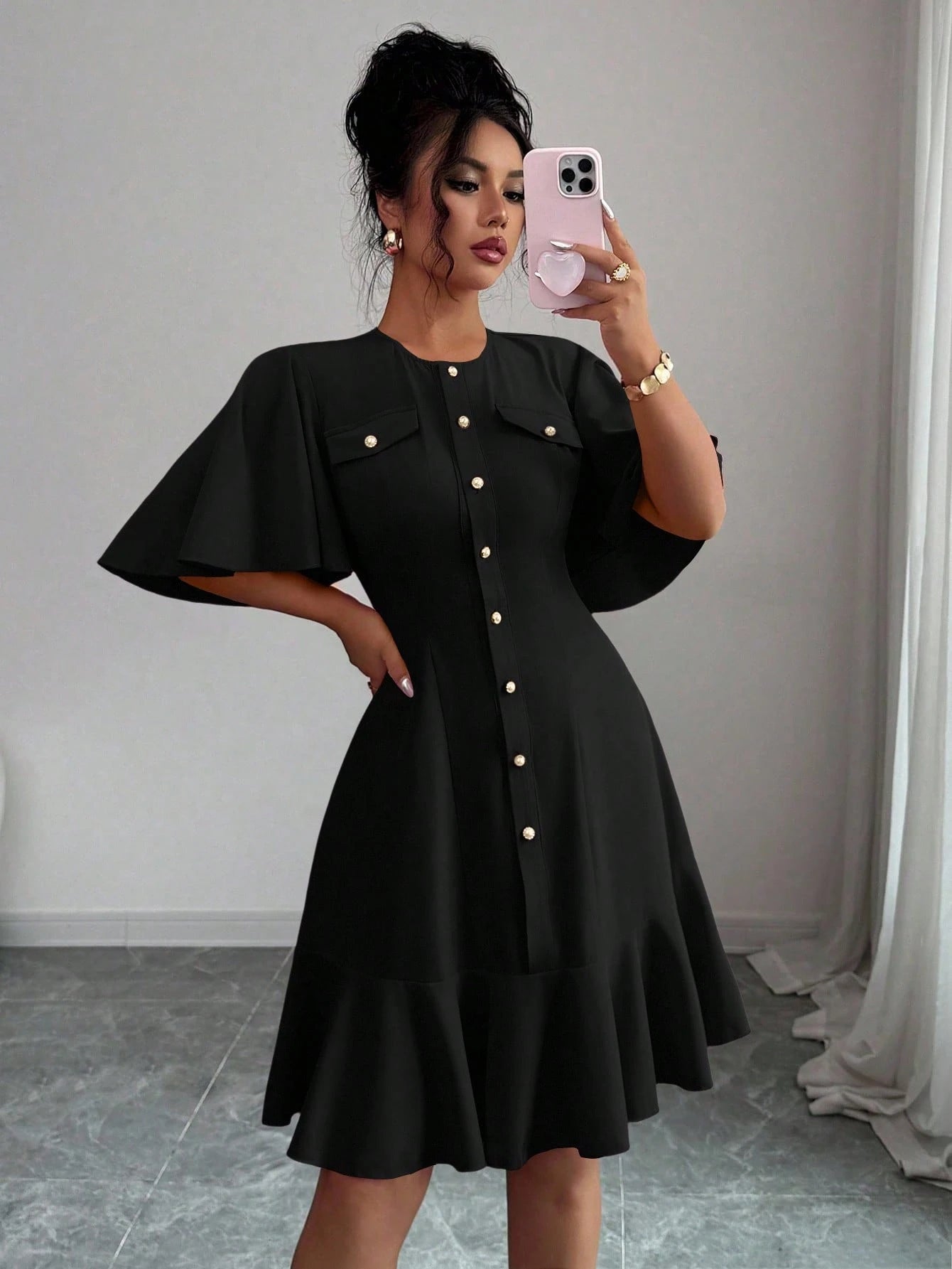 Selianne Elegant Short Dress With Single Button, Ruffle Sleeve & Hem Splice Design