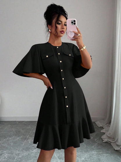 Selianne Elegant Short Dress With Single Button, Ruffle Sleeve & Hem Splice Design
