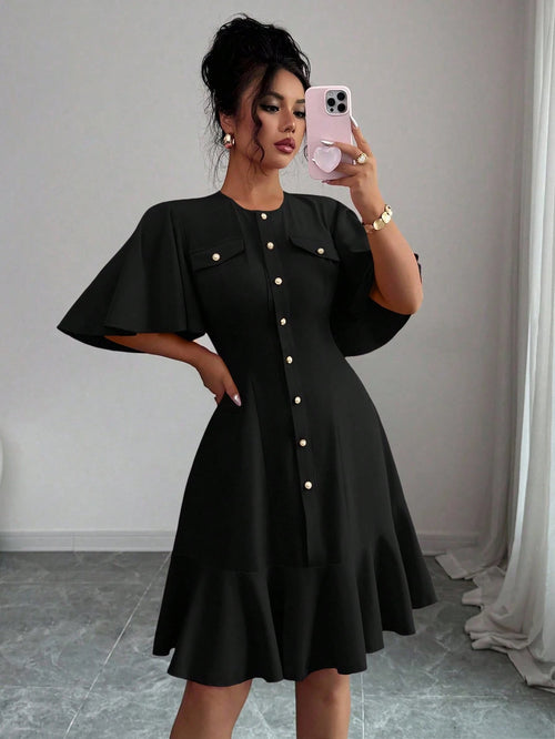 Selianne Elegant Short Dress With Single Button, Ruffle Sleeve & Hem Splice Design