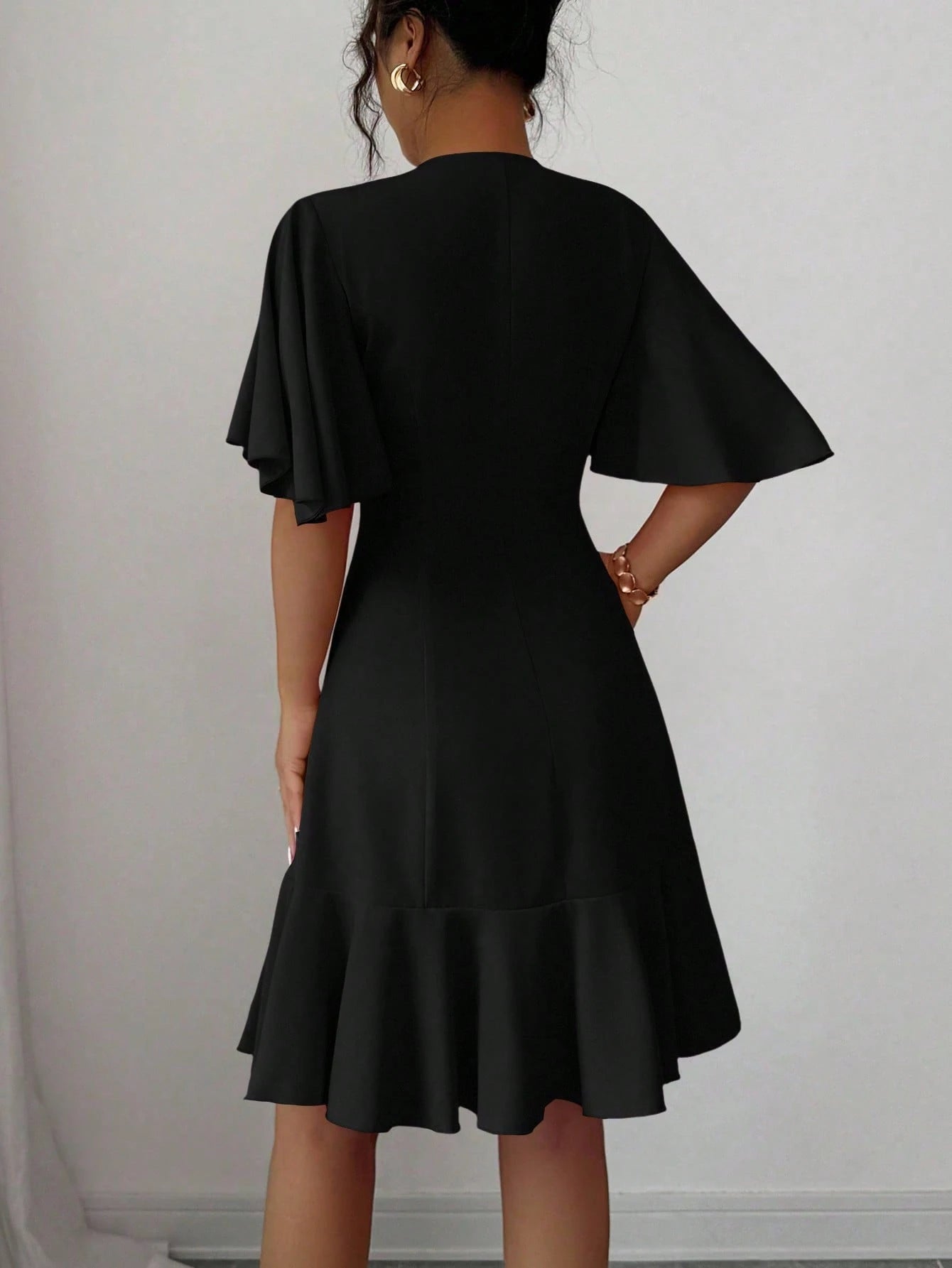 Selianne Elegant Short Dress With Single Button, Ruffle Sleeve & Hem Splice Design