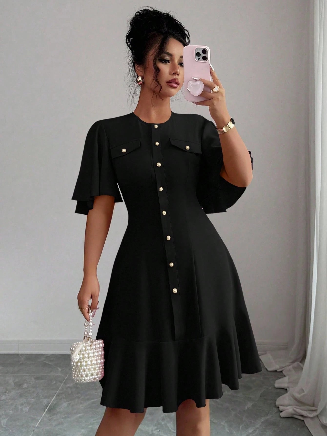 Selianne Elegant Short Dress With Single Button, Ruffle Sleeve & Hem Splice Design