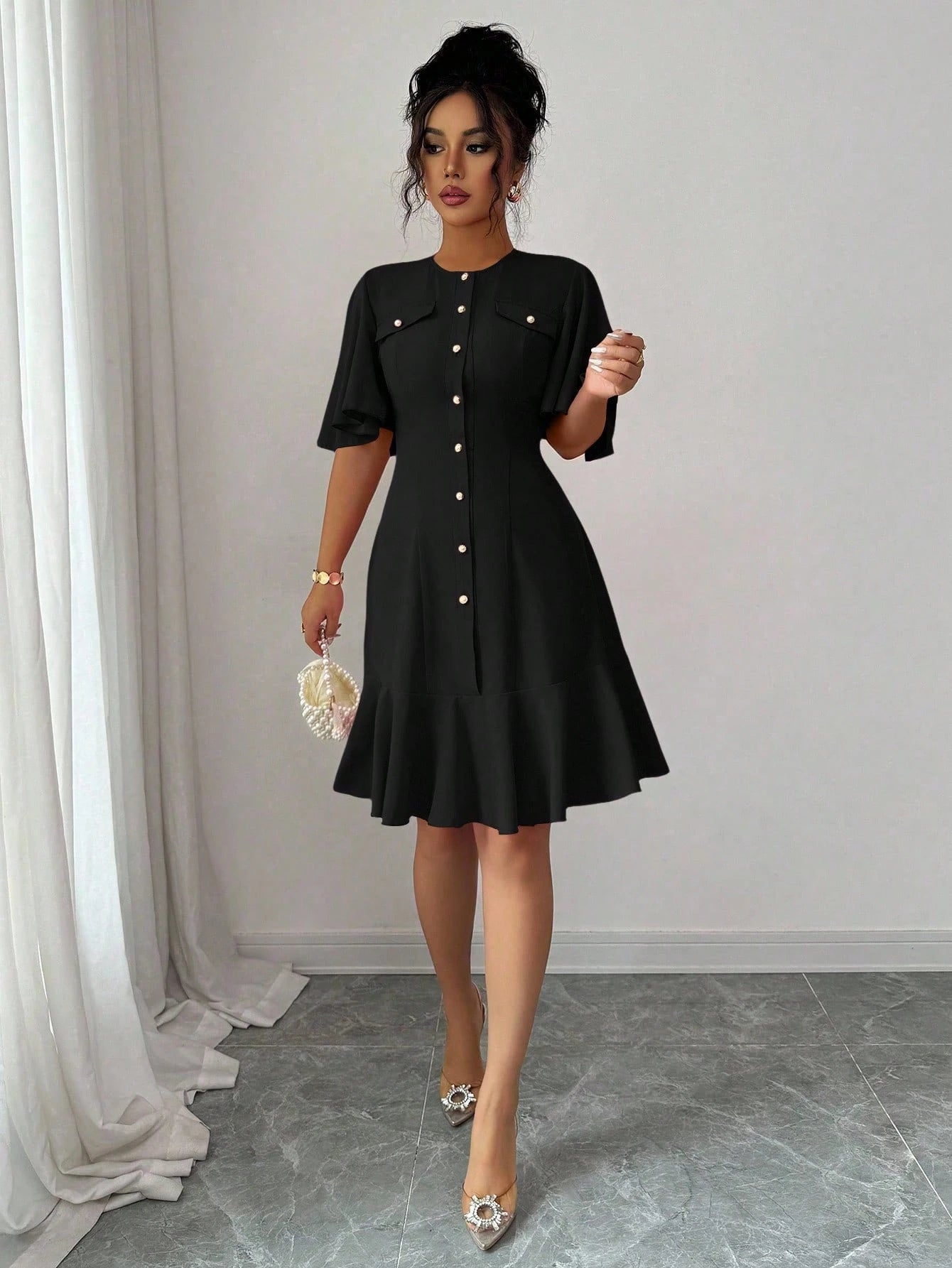Selianne Elegant Short Dress With Single Button, Ruffle Sleeve & Hem Splice Design