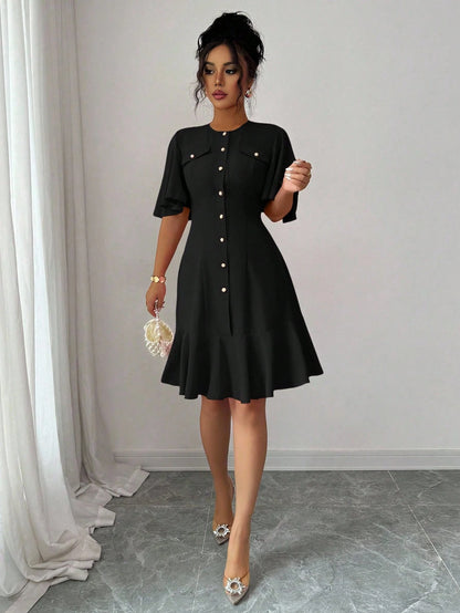 Selianne Elegant Short Dress With Single Button, Ruffle Sleeve & Hem Splice Design