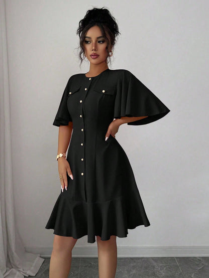 Selianne Elegant Short Dress With Single Button, Ruffle Sleeve & Hem Splice Design