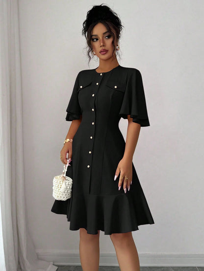 Selianne Elegant Short Dress With Single Button, Ruffle Sleeve & Hem Splice Design