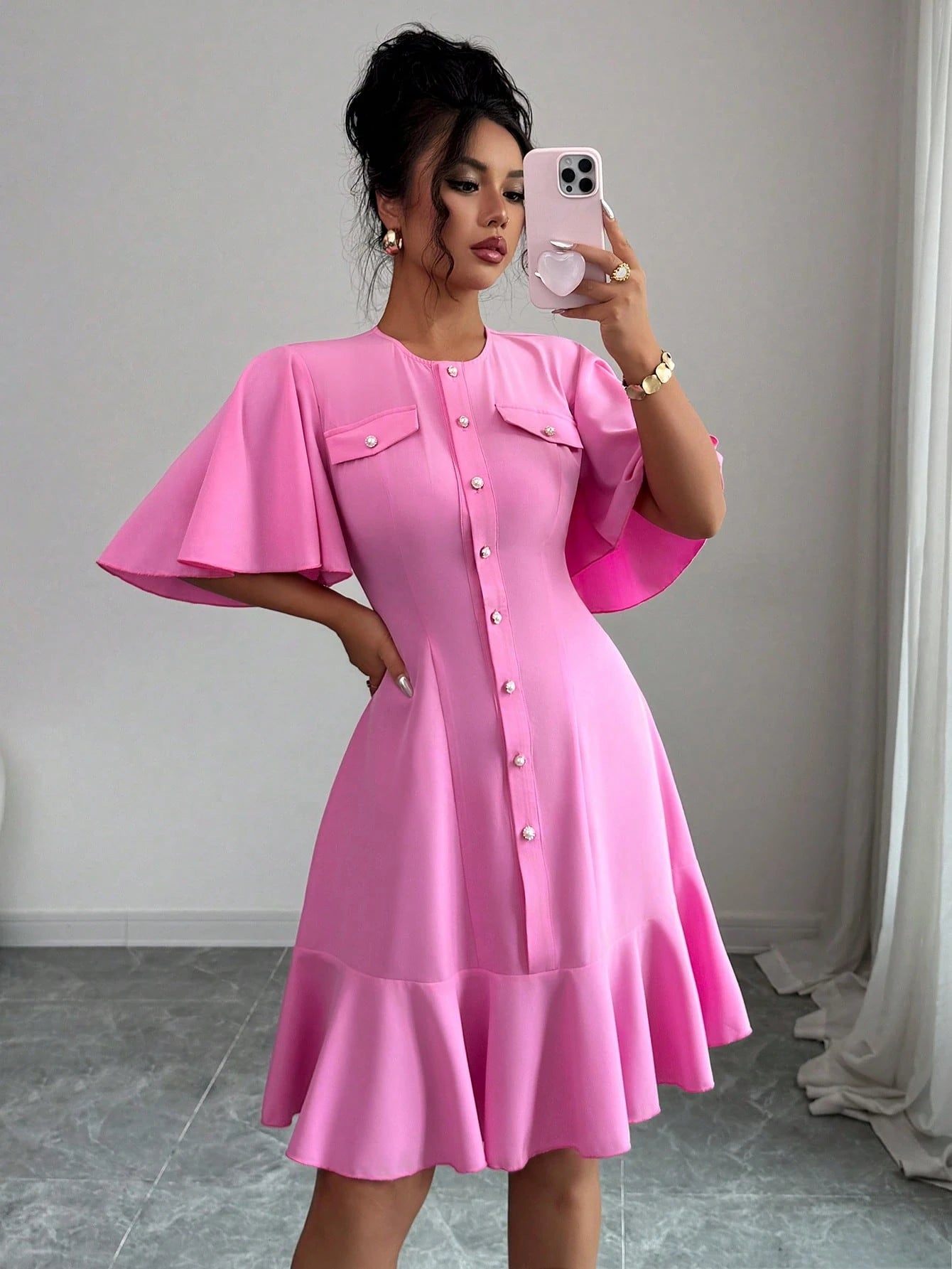 Selianne Elegant Short Dress With Single Button, Ruffle Sleeve & Hem Splice Design