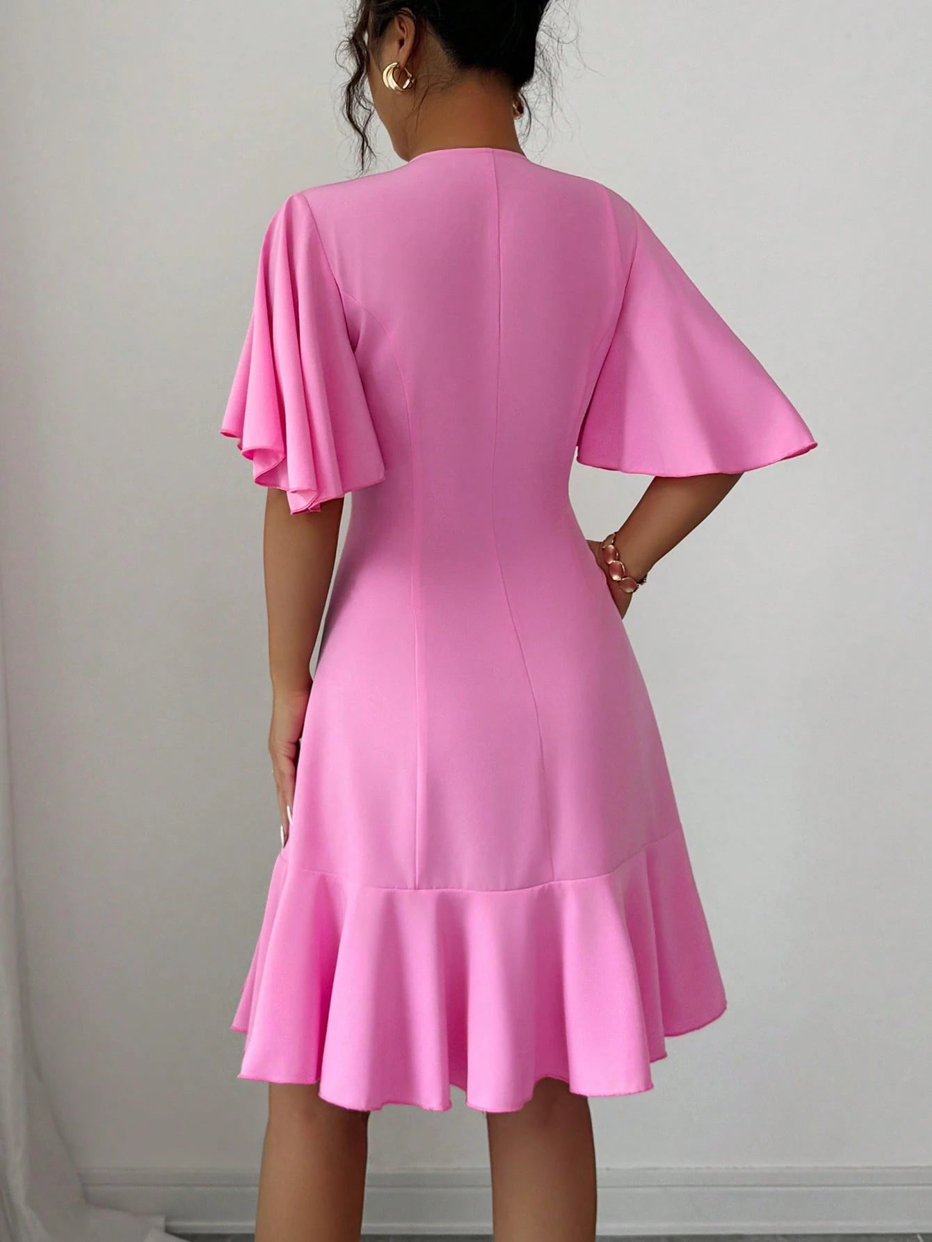Selianne Elegant Short Dress With Single Button, Ruffle Sleeve & Hem Splice Design