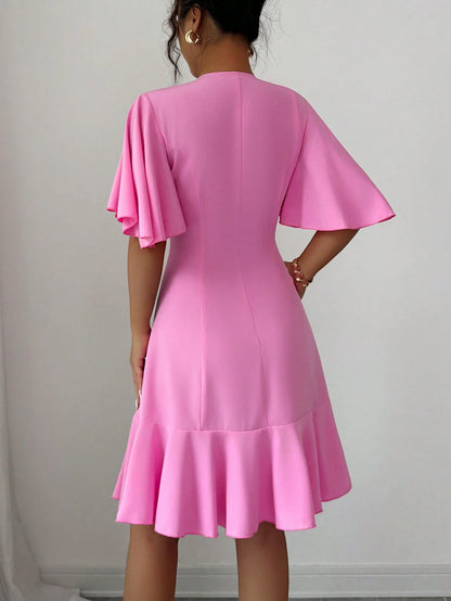 Selianne Elegant Short Dress With Single Button, Ruffle Sleeve & Hem Splice Design