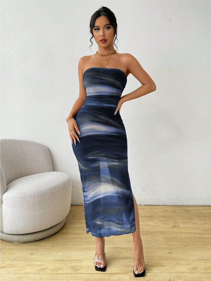 Selianne Tie Dye Printed Sleeveless Slit Midi Dress Maxi Women Outfit
