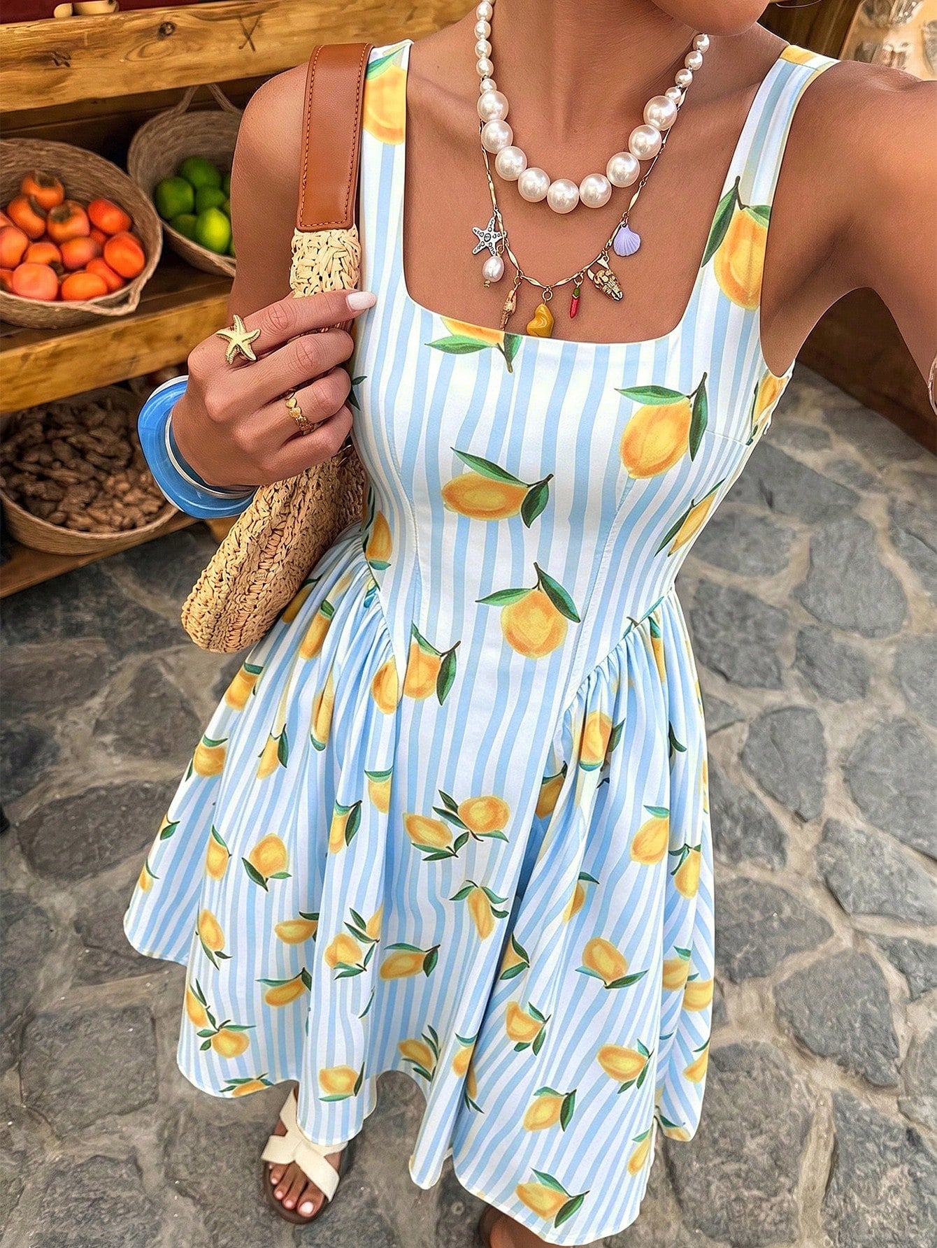 Selianne Women's Spring/Summer Elegant Resort Striped Colorful Fruit Print Backless Bow Tie Waist-Cinching Dress