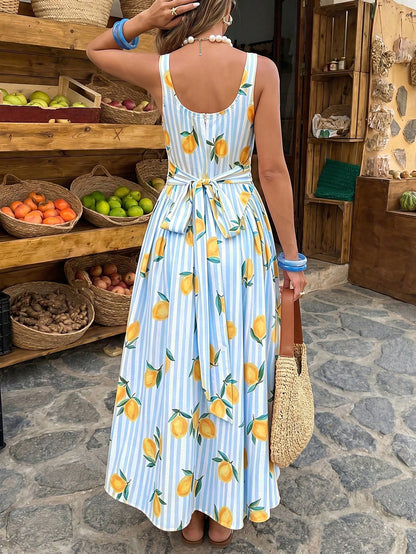 Selianne Women's Spring/Summer Elegant Resort Striped Colorful Fruit Print Backless Bow Tie Waist-Cinching Dress