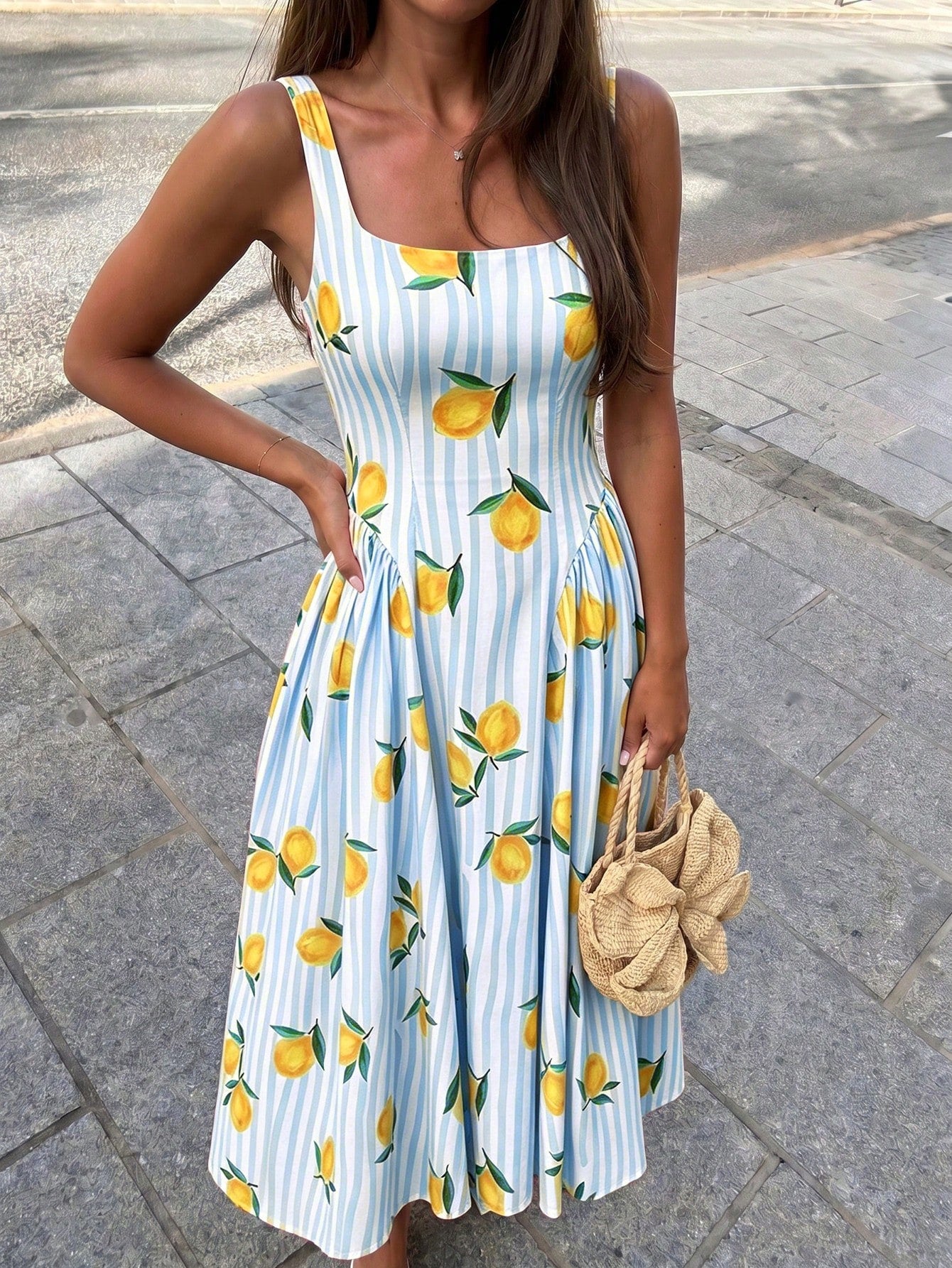 Selianne Women's Spring/Summer Elegant Resort Striped Colorful Fruit Print Backless Bow Tie Waist-Cinching Dress