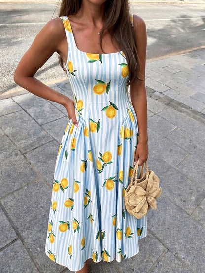 Selianne Women's Spring/Summer Elegant Resort Striped Colorful Fruit Print Backless Bow Tie Waist-Cinching Dress