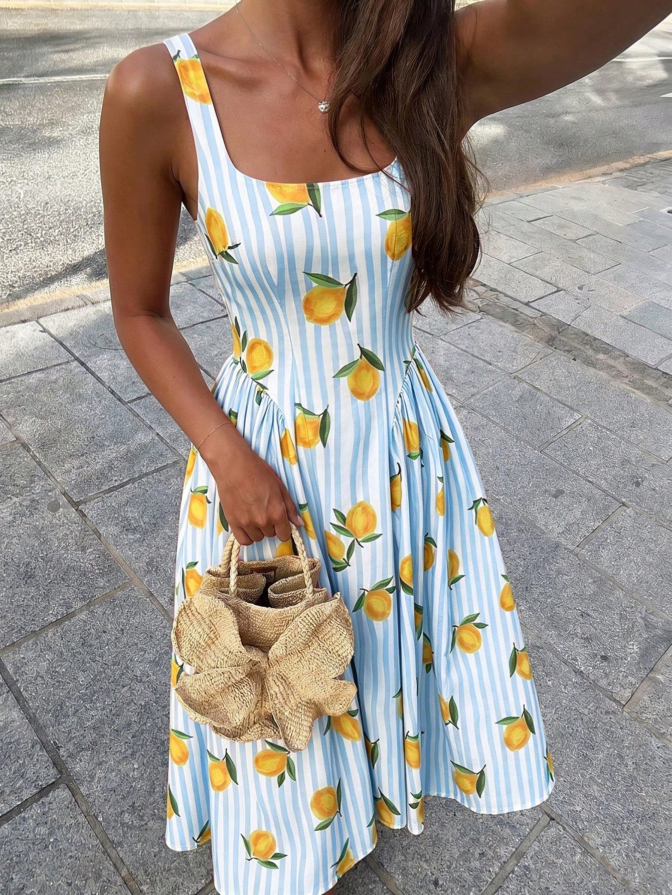Selianne Women's Spring/Summer Elegant Resort Striped Colorful Fruit Print Backless Bow Tie Waist-Cinching Dress