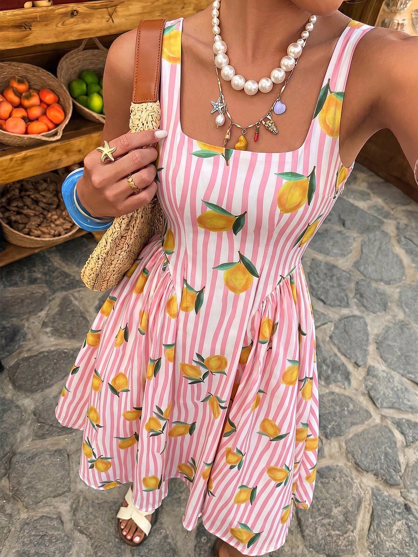 Selianne Women's Spring/Summer Elegant Resort Striped Colorful Fruit Print Backless Bow Tie Waist-Cinching Dress