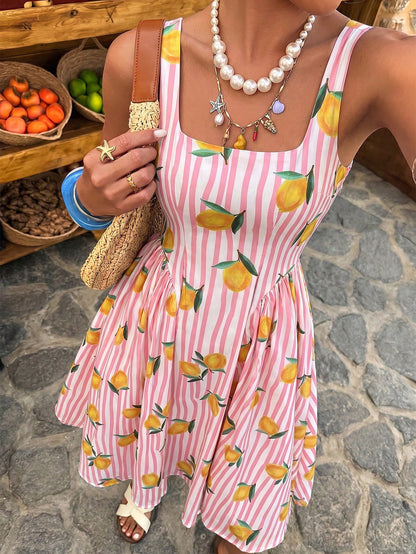 Selianne Women's Spring/Summer Elegant Resort Striped Colorful Fruit Print Backless Bow Tie Waist-Cinching Dress