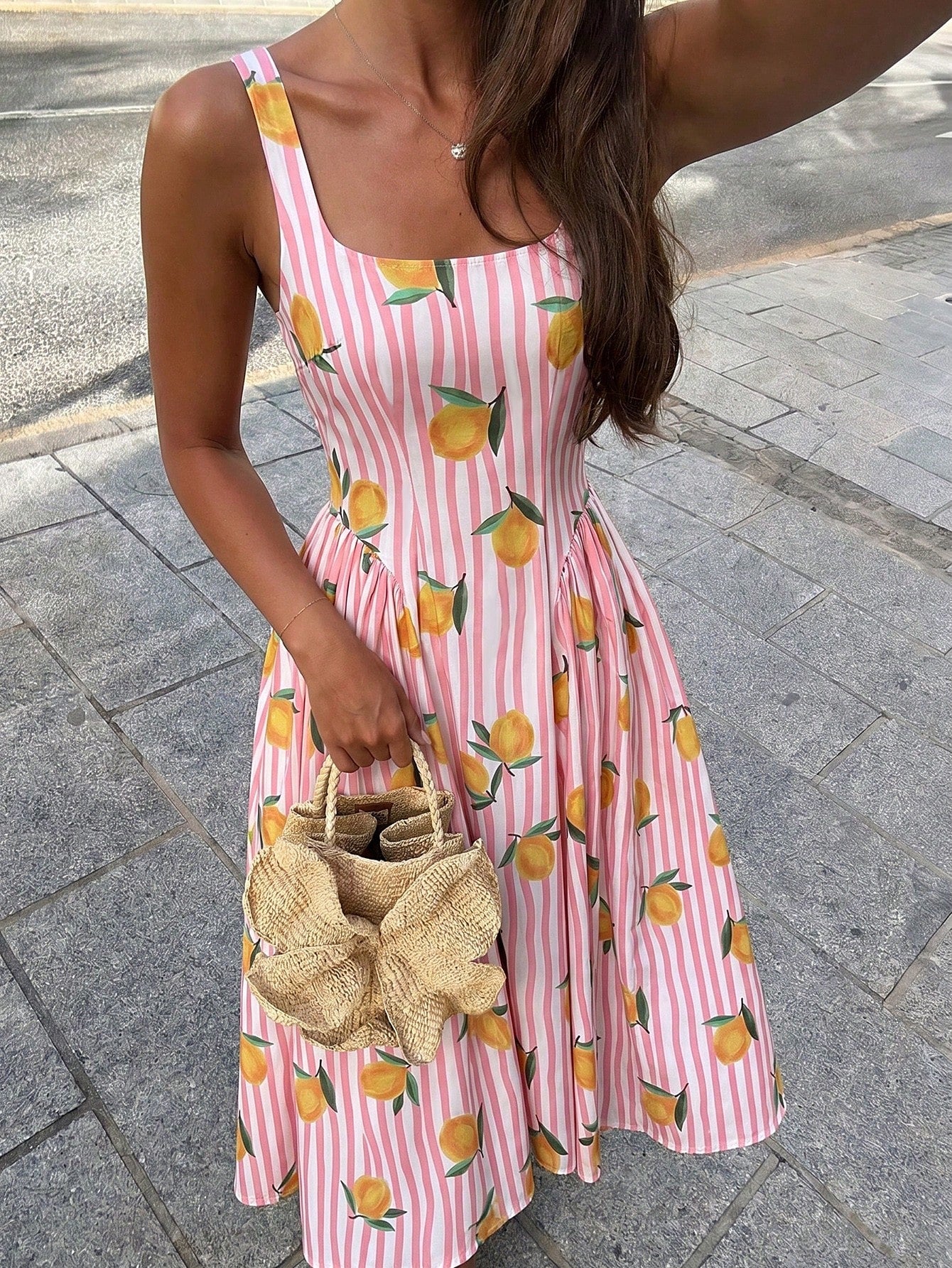 Selianne Women's Spring/Summer Elegant Resort Striped Colorful Fruit Print Backless Bow Tie Waist-Cinching Dress
