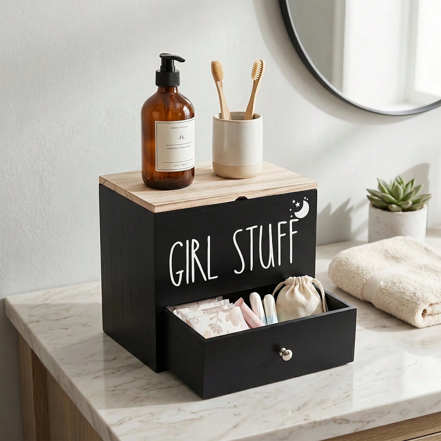 Senmeo Bathroom Counter Storage Box, Wooden Lidded Drawer Supply Holder, Divided Compartment Vanity Caddy, Vanity Drawer Organizer Canister