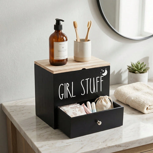 Senmeo Bathroom Counter Storage Box, Wooden Lidded Drawer Supply Holder, Divided Compartment Vanity Caddy, Vanity Drawer Organizer Canister