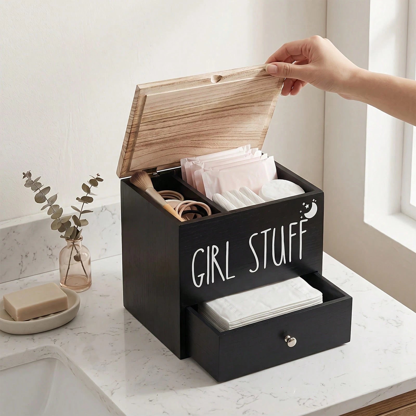Senmeo Bathroom Counter Storage Box, Wooden Lidded Drawer Supply Holder, Divided Compartment Vanity Caddy, Vanity Drawer Organizer Canister