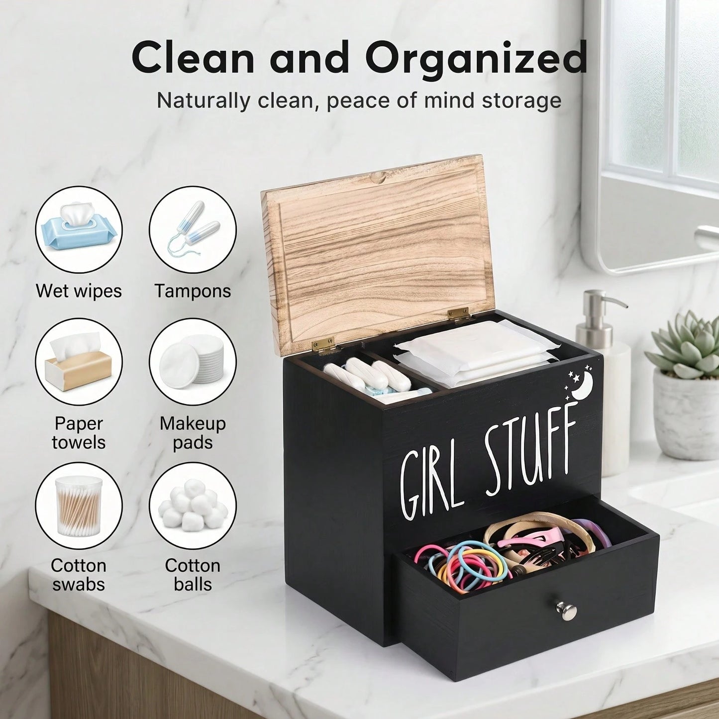 Senmeo Bathroom Counter Storage Box, Wooden Lidded Drawer Supply Holder, Divided Compartment Vanity Caddy, Vanity Drawer Organizer Canister