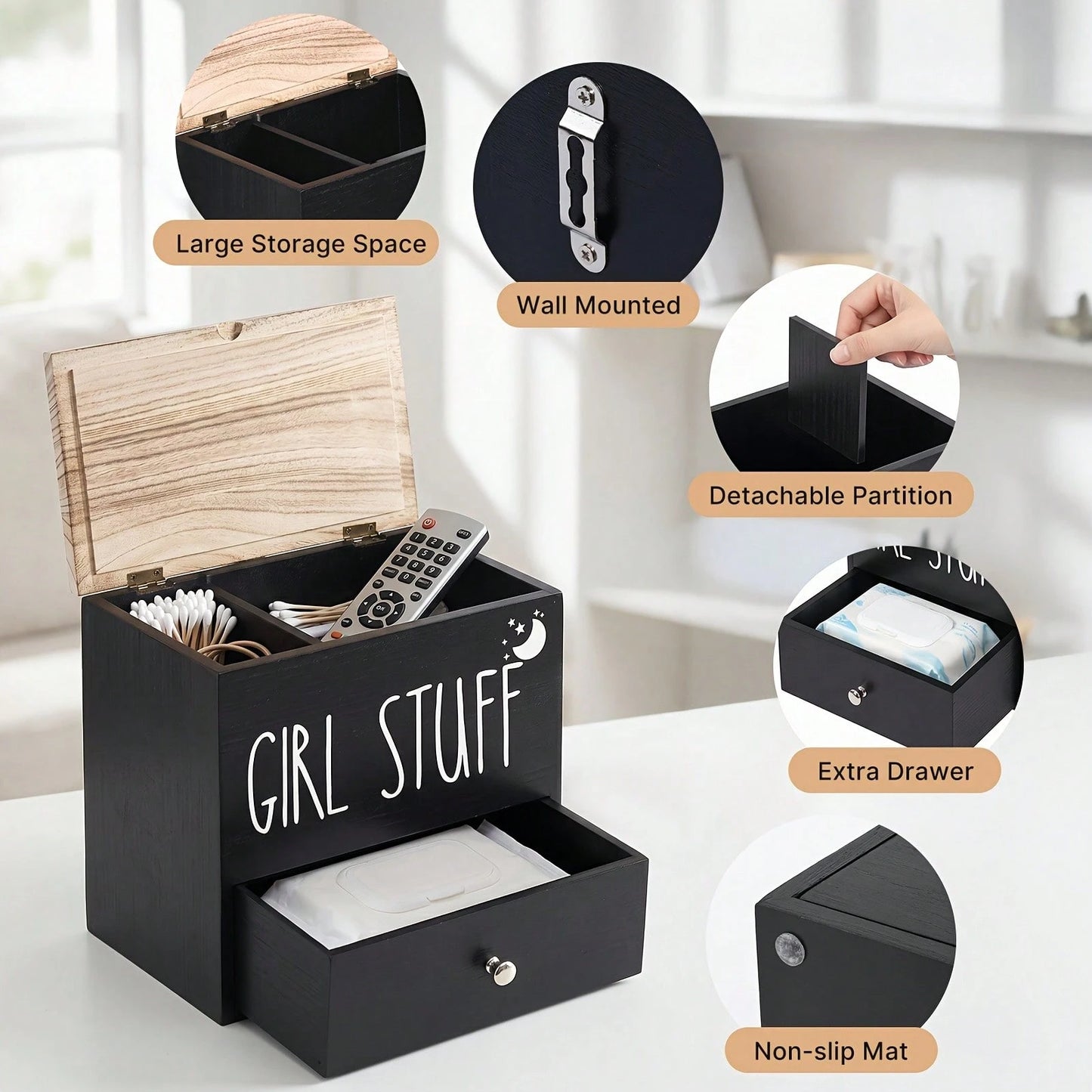 Senmeo Bathroom Counter Storage Box, Wooden Lidded Drawer Supply Holder, Divided Compartment Vanity Caddy, Vanity Drawer Organizer Canister