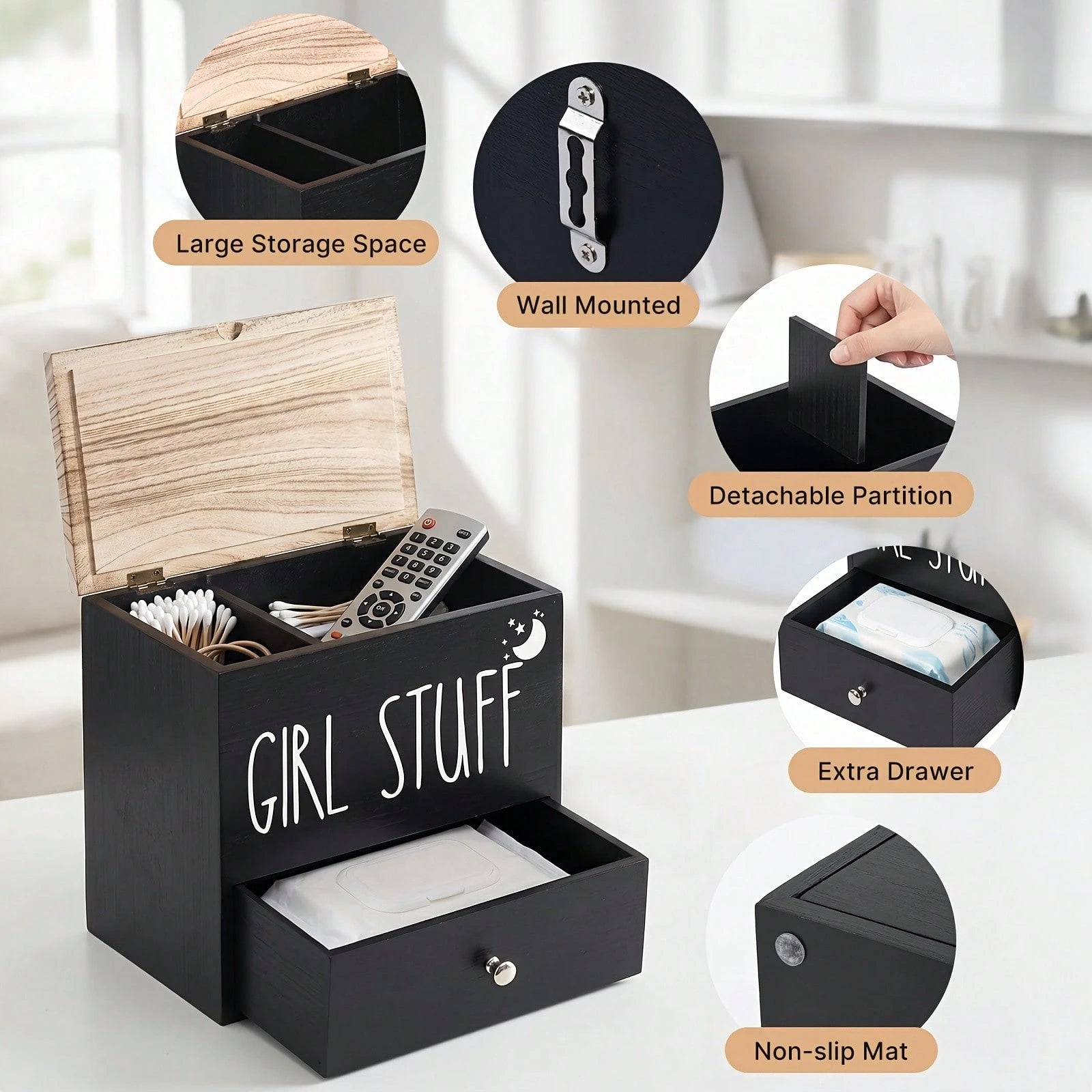 Senmeo Bathroom Counter Storage Box, Wooden Lidded Drawer Supply Holder, Divided Compartment Vanity Caddy, Vanity Drawer Organizer Canister