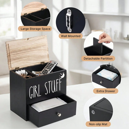 Senmeo Bathroom Counter Storage Box, Wooden Lidded Drawer Supply Holder, Divided Compartment Vanity Caddy, Vanity Drawer Organizer Canister