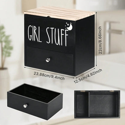Senmeo Bathroom Counter Storage Box, Wooden Lidded Drawer Supply Holder, Divided Compartment Vanity Caddy, Vanity Drawer Organizer Canister