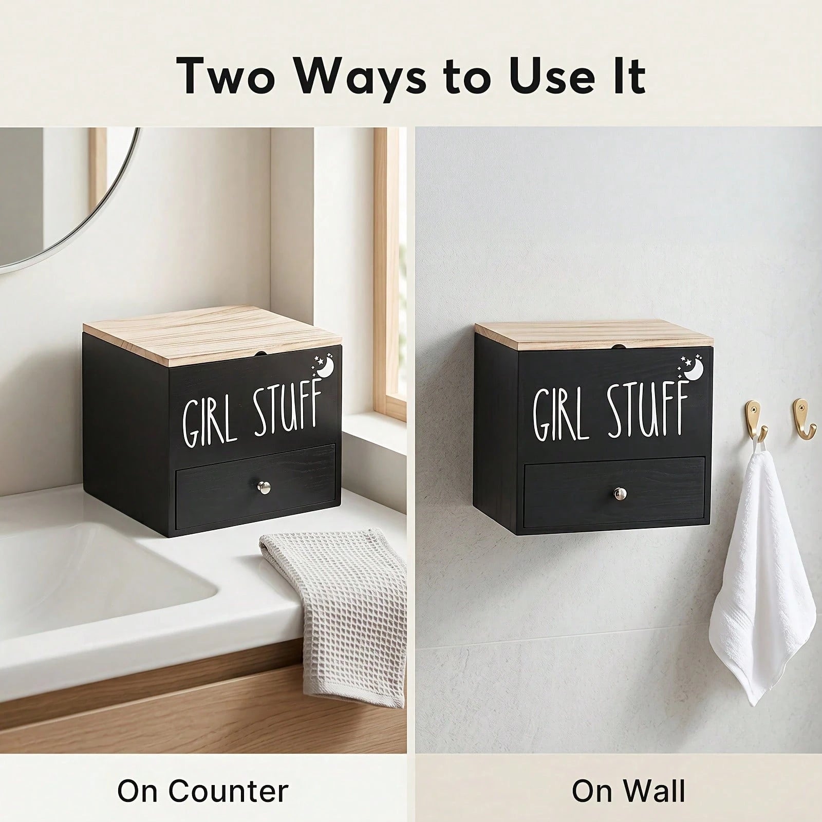 Senmeo Bathroom Counter Storage Box, Wooden Lidded Drawer Supply Holder, Divided Compartment Vanity Caddy, Vanity Drawer Organizer Canister