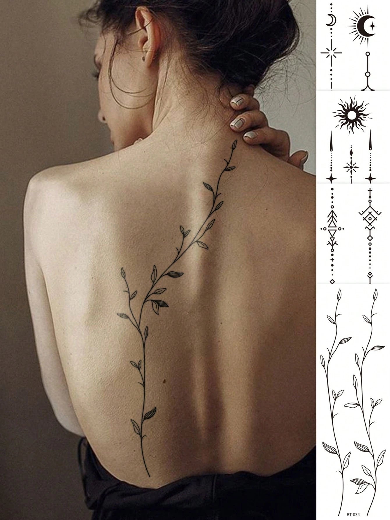 Sexy Line Style Body Art Back Waist Spine Painting Temporary Tattoo Stickers For Women, Moon, Heart, Flower, Geometric,Leaf Patterns.Waterproof Fake Tattoos,Lasting 2-5 Days,Can Be Used On The Arms,Sh