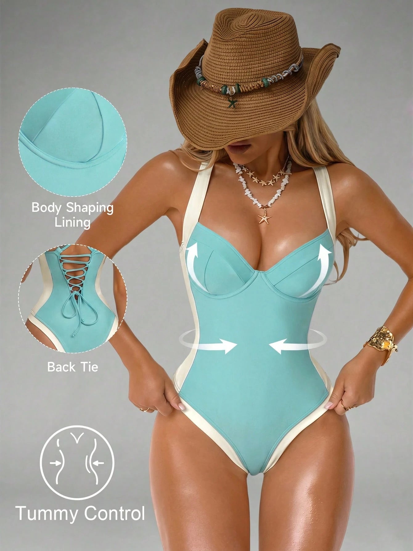 Shapewave Women's Tummy Control One-Piece Swimsuit With Side Splice, Push-Up, Turquoise Holiday Beach Vacation Vacation Holiday Summer Casual