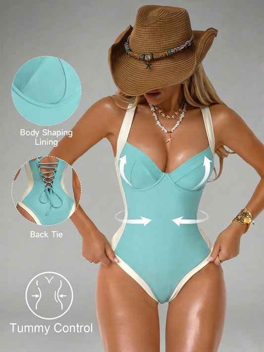 Shapewave Women's Tummy Control One-Piece Swimsuit With Side Splice, Push-Up, Turquoise Holiday Beach Vacation Vacation Holiday Summer Casual