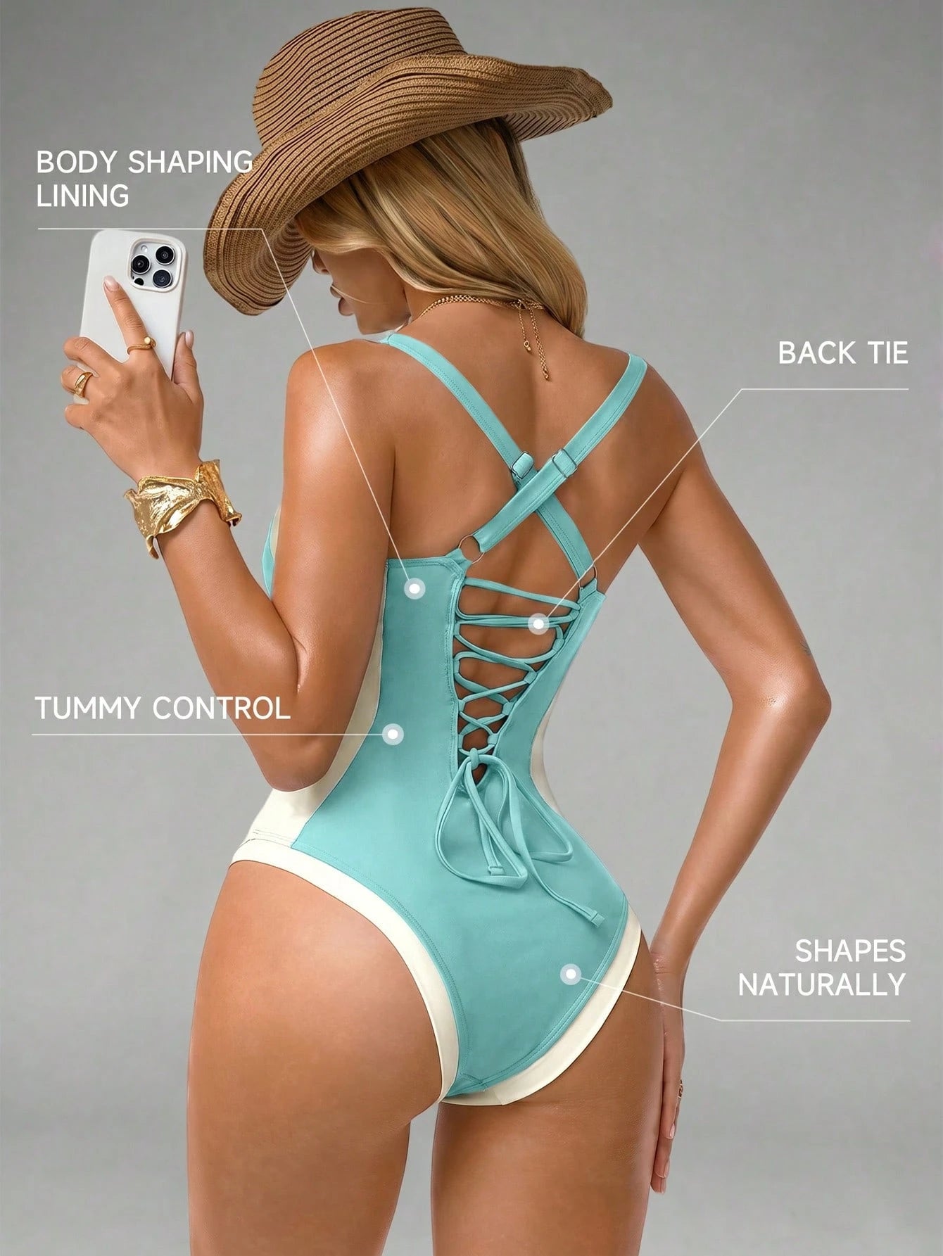Shapewave Women's Tummy Control One-Piece Swimsuit With Side Splice, Push-Up, Turquoise Holiday Beach Vacation Vacation Holiday Summer Casual