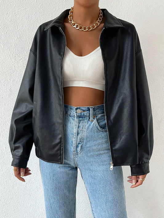SHEIN EZwear Drop Shoulder Zip Up PU Cropped Leather Jacket In Fall/Winter