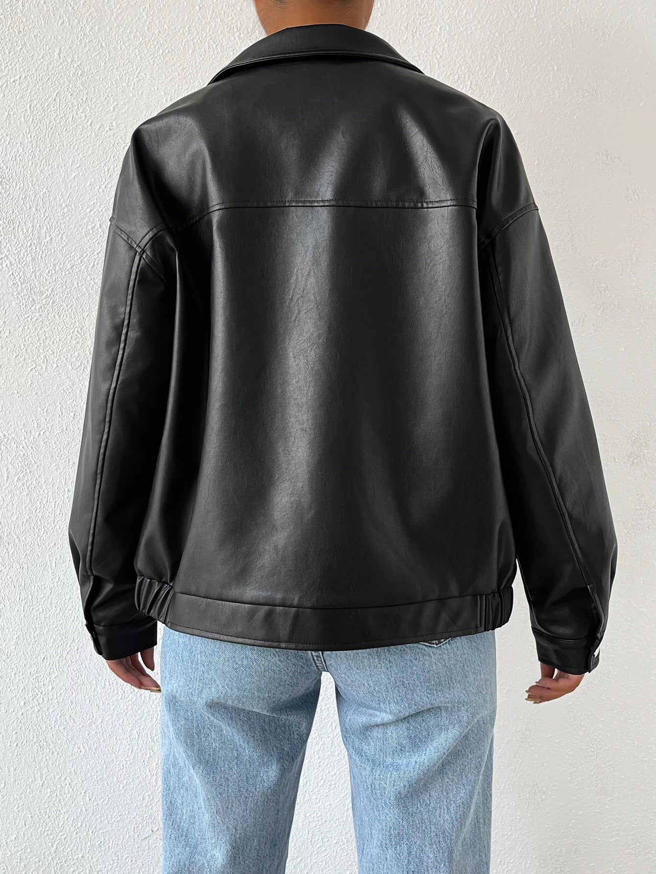 SHEIN EZwear Drop Shoulder Zip Up PU Cropped Leather Jacket In Fall/Winter