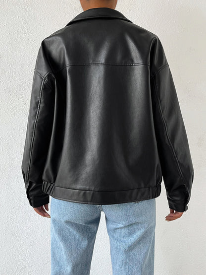 SHEIN EZwear Drop Shoulder Zip Up PU Cropped Leather Jacket In Fall/Winter