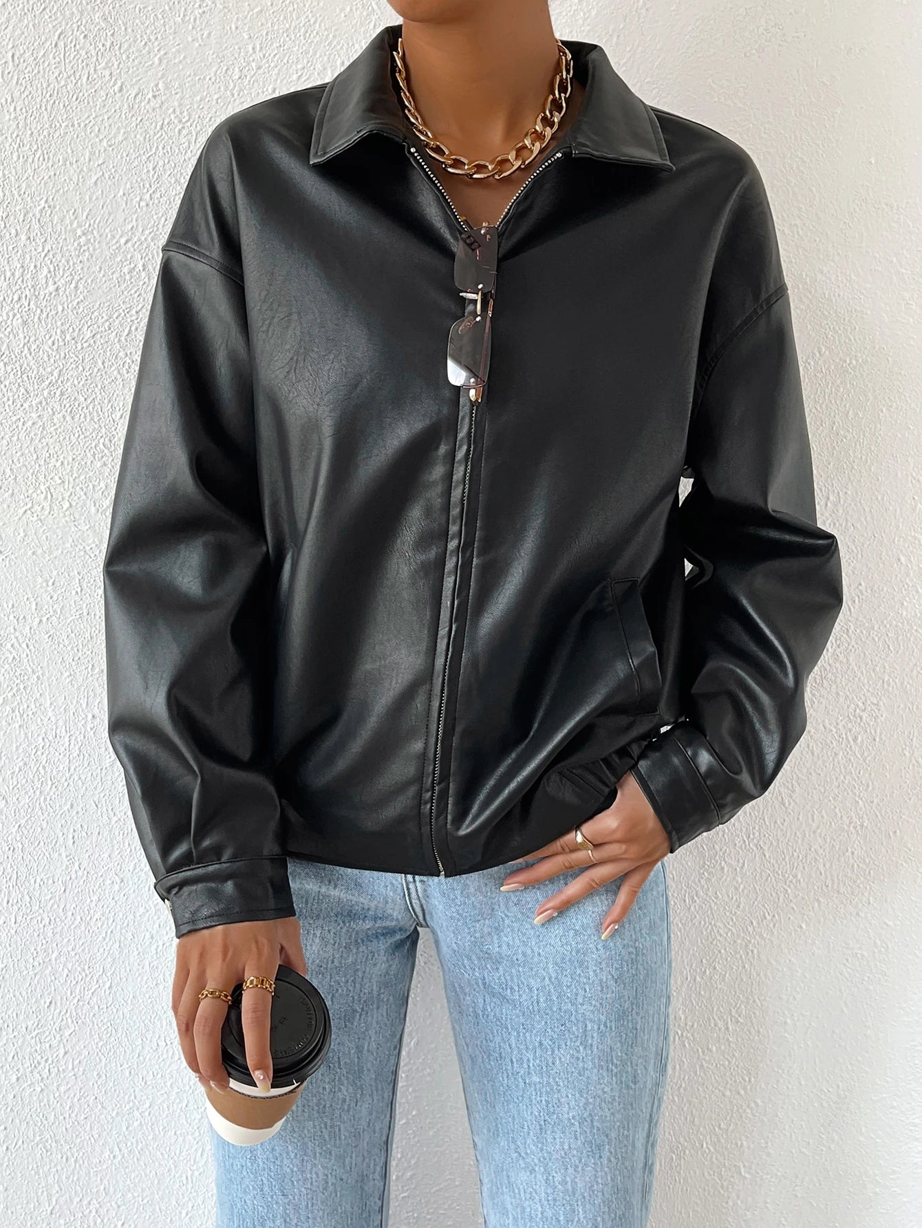 SHEIN EZwear Drop Shoulder Zip Up PU Cropped Leather Jacket In Fall/Winter