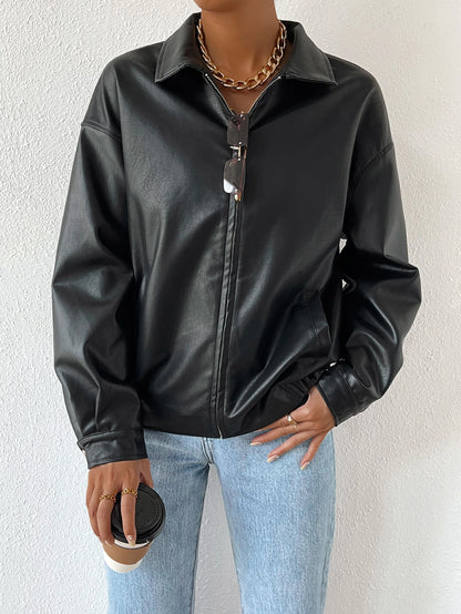 SHEIN EZwear Drop Shoulder Zip Up PU Cropped Leather Jacket In Fall/Winter