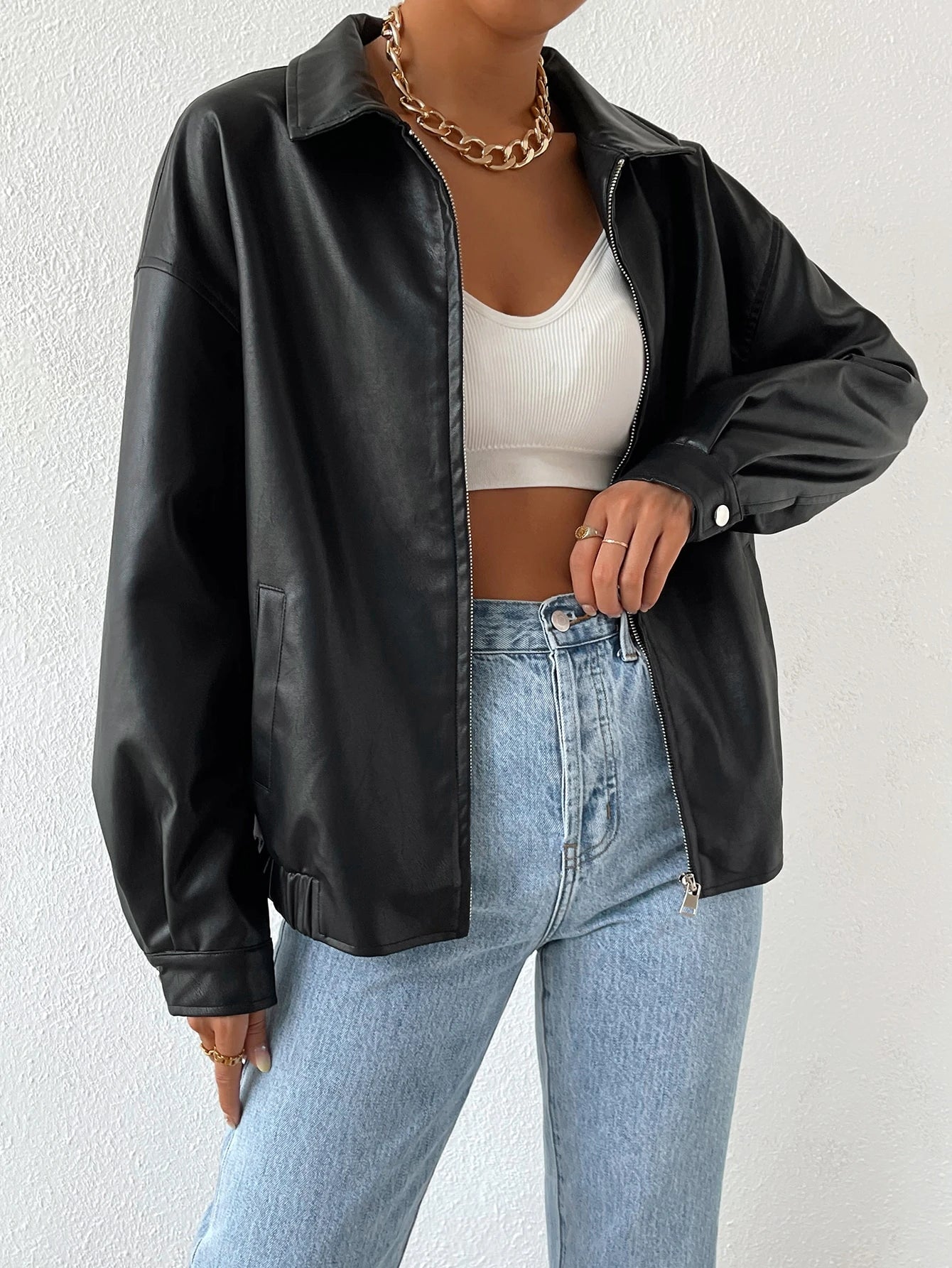 SHEIN EZwear Drop Shoulder Zip Up PU Cropped Leather Jacket In Fall/Winter