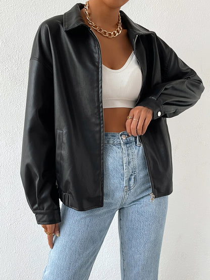 SHEIN EZwear Drop Shoulder Zip Up PU Cropped Leather Jacket In Fall/Winter