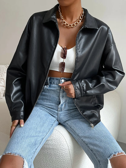 SHEIN EZwear Drop Shoulder Zip Up PU Cropped Leather Jacket In Fall/Winter