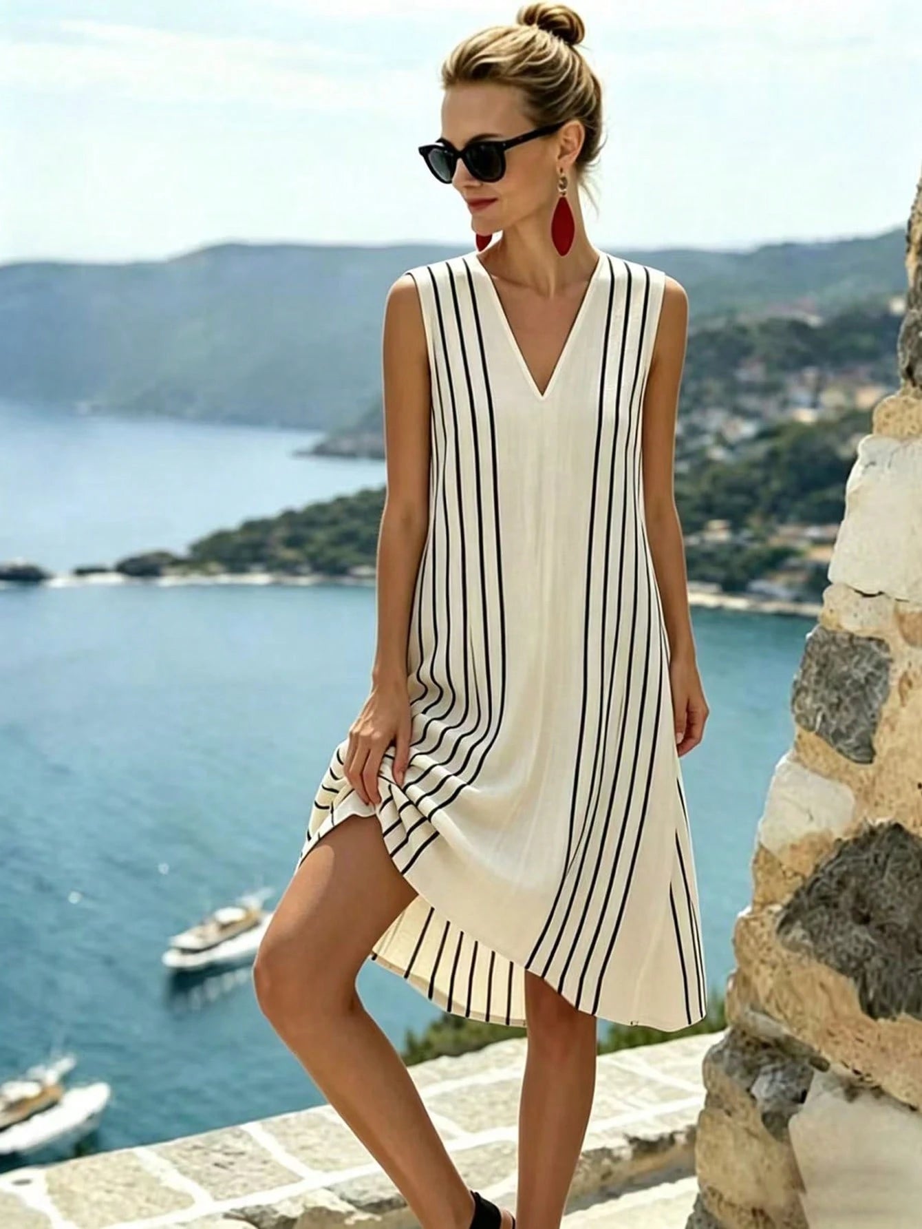 SHEIN Holidaya Women's Elegant Loose-Fitting Casual Dress, Sleeveless V-Neck Design, Striped Printed Fabric, Fashionable Casual Dress, Women's Summer Outfit, Women's Independence Day Outfit, Women's H