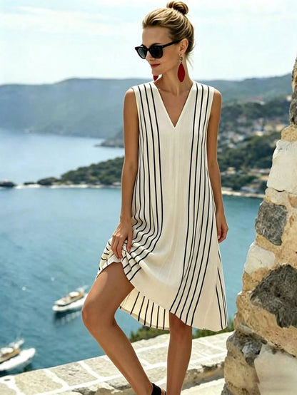 SHEIN Holidaya Women's Elegant Loose-Fitting Casual Dress, Sleeveless V-Neck Design, Striped Printed Fabric, Fashionable Casual Dress, Women's Summer Outfit, Women's Independence Day Outfit, Women's H