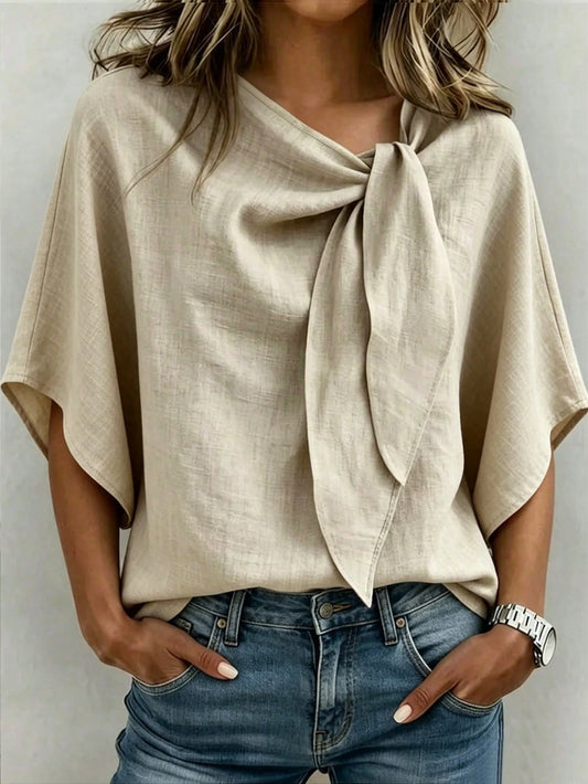 SHEIN Linen Blend Tie V Neck Batwing Sleeve Blouse, Cottagecore Countryside Top, Business Casual Commute Shirt, Halloween Festival Beach Daily
