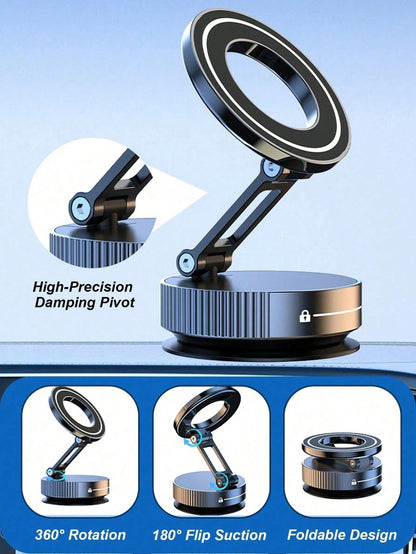 Shockproof 360° Three-Axis Foldable MagSafe Car Phone Holder With Vacuum Magnetic Suction Base, Compatible With All MagSafe Smartphones, Premium Solid Zinc Alloy Frame, Space-Saving Mini Foldable Stru