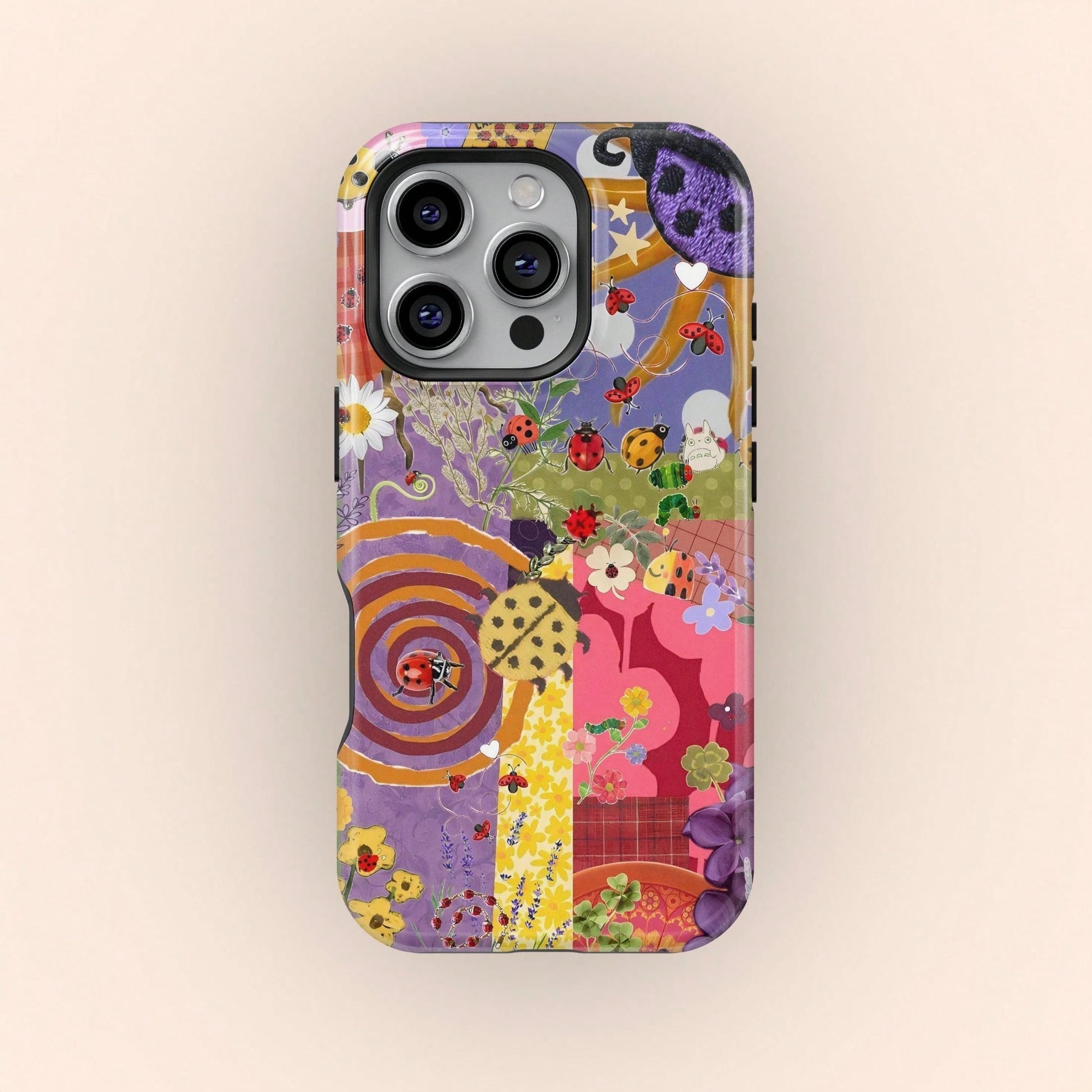 Shockproof Collage Elements Fashion Phone Case Vintage Interesting Artistic Ladybug & Floral Collage Phone Case Compatible With Iphone 17 16 15 14 Pro Max Plus 13 12 11 Spring Gift Birthday