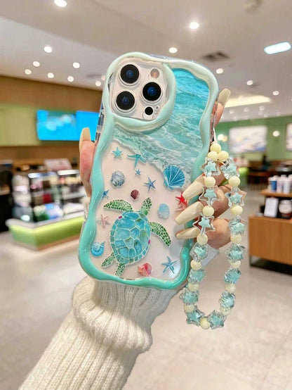 Shockproof Sea Turtle Cream Textured Wavy Edge Glossy Starfish Shell Turtle Painted Anti-Drop Phone Case With Beaded Bracelet Accessory, Compatible With IPhone 17pro/17Air/17/17promax16/11/16pro/16pl