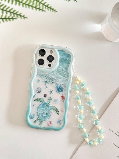 Shockproof Sea Turtle Cream Textured Wavy Edge Glossy Starfish Shell Turtle Painted Anti-Drop Phone Case With Beaded Bracelet Accessory, Compatible With IPhone 17pro/17Air/17/17promax16/11/16pro/16pl