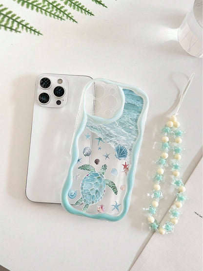 Shockproof Sea Turtle Cream Textured Wavy Edge Glossy Starfish Shell Turtle Painted Anti-Drop Phone Case With Beaded Bracelet Accessory, Compatible With IPhone 17pro/17Air/17/17promax16/11/16pro/16pl